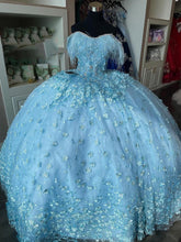Misshow Sky Blue Ball Gown Off-Shoulder 3D Floral Applique Feather Tulle Quinceanera Dress for Sweet 16 & Princess Birthday Parties