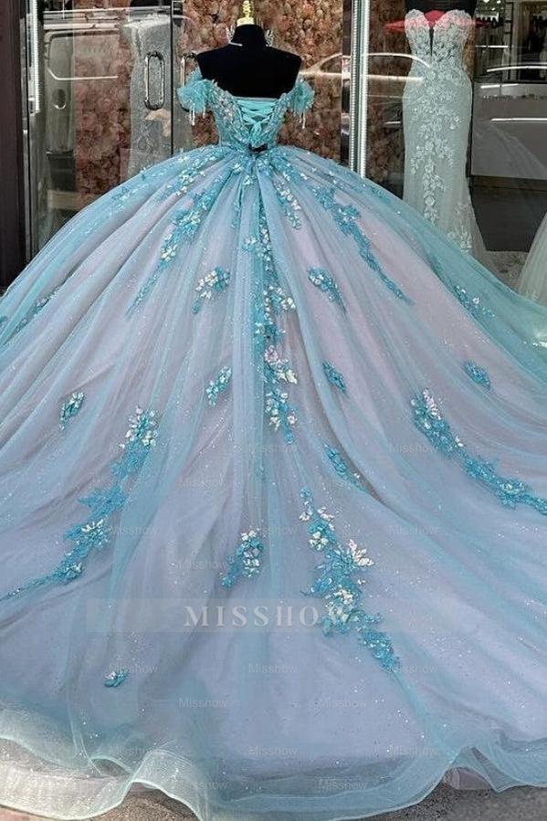 Misshow Sky Blue Ball Gown Off-Shoulder Sequined Tulle Quinceanera Dress for Sweet 16 & Formal Evenings