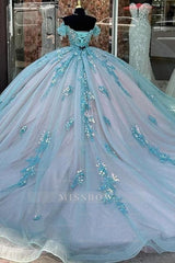 Misshow Sky Blue Ball Gown Off-Shoulder Sequined Tulle Quinceanera Dress for Sweet 16 & Formal Evenings