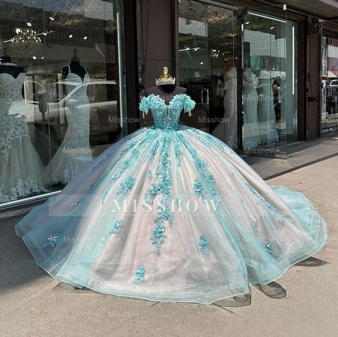 Misshow Sky Blue Ball Gown Off-Shoulder Sequined Tulle Quinceanera Dress for Sweet 16 & Formal Evenings