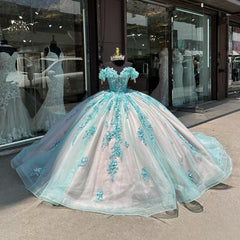 Misshow Sky Blue Ball Gown Off-Shoulder Sequined Tulle Quinceanera Dress for Sweet 16 & Formal Evenings