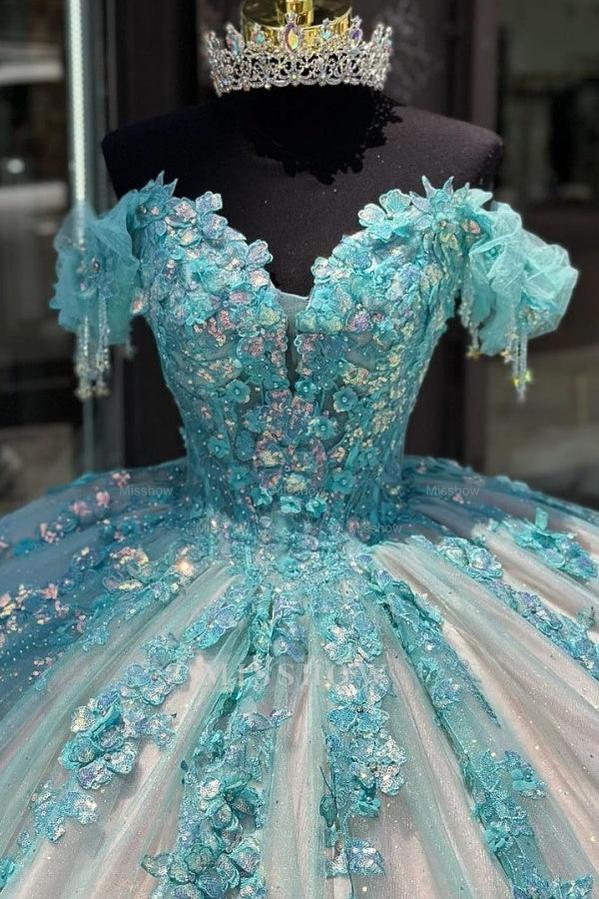 Misshow Sky Blue Ball Gown Off-Shoulder Sequined Tulle Quinceanera Dress for Sweet 16 & Formal Evenings