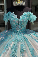 Misshow Sky Blue Ball Gown Off-Shoulder Sequined Tulle Quinceanera Dress for Sweet 16 & Formal Evenings