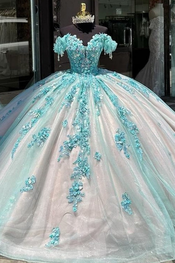 Misshow Sky Blue Ball Gown Off-Shoulder Sequined Tulle Quinceanera Dress for Sweet 16 & Formal Evenings