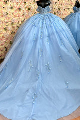 Misshow Sky Blue Ball Gown Off-Shoulder Sleeveless Quinceanera Dress with 3D Flower Appliques Beaded Sequins & Lace-Up Back for Sweet 16 & Birthday Parties