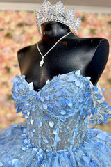 Misshow Sky Blue Ball Gown Off-Shoulder Sleeveless Quinceanera Dress with 3D Flower Appliques Beaded Sequins & Lace-Up Back for Sweet 16 & Birthday Parties