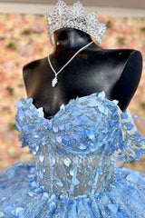 Misshow Sky Blue Ball Gown Off-Shoulder Sleeveless Quinceanera Dress with 3D Flower Appliques Beaded Sequins & Lace-Up Back for Sweet 16 & Birthday Parties