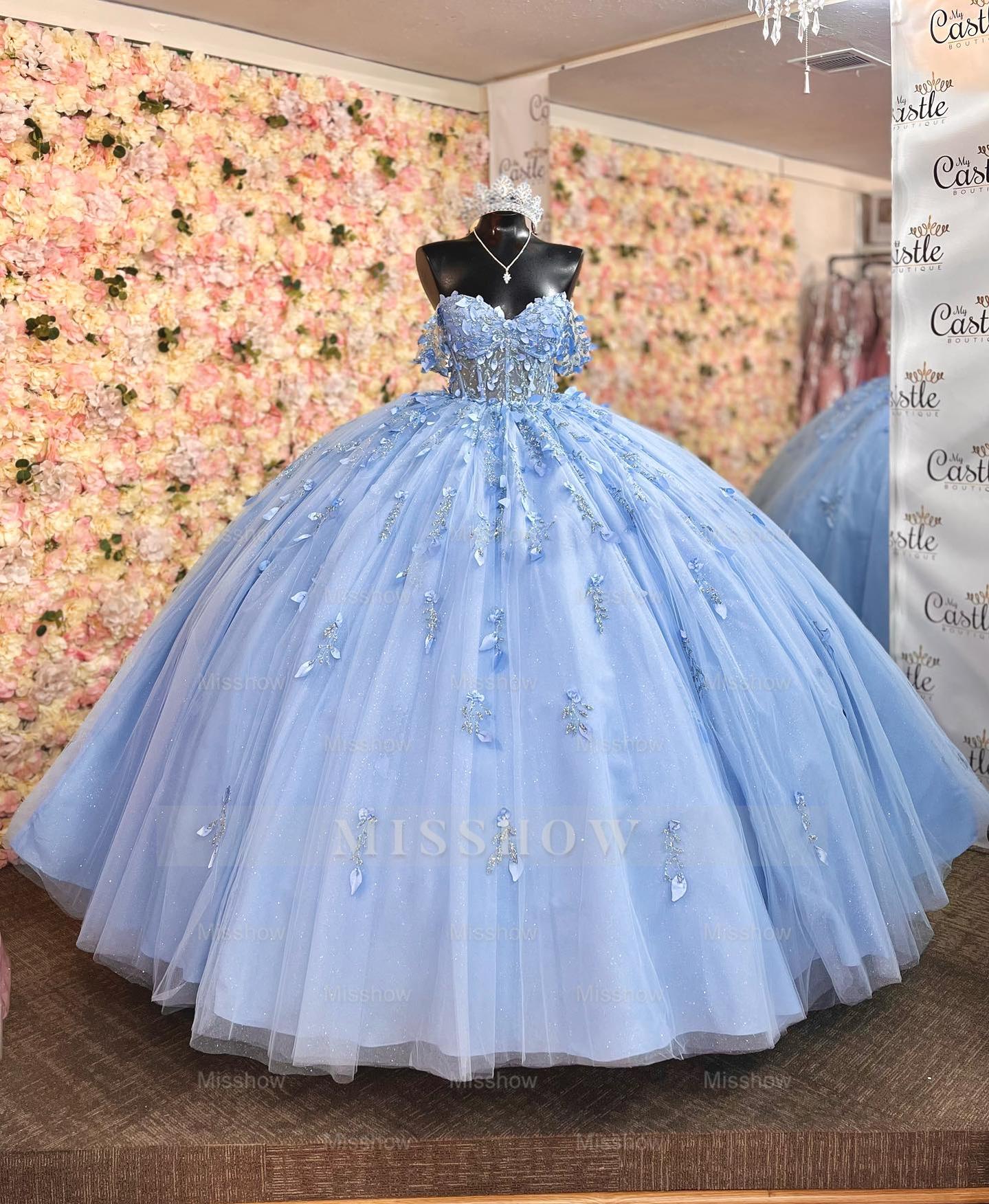 Misshow Sky Blue Ball Gown Off-Shoulder Sleeveless Quinceanera Dress with 3D Flower Appliques Beaded Sequins & Lace-Up Back for Sweet 16 & Birthday Parties