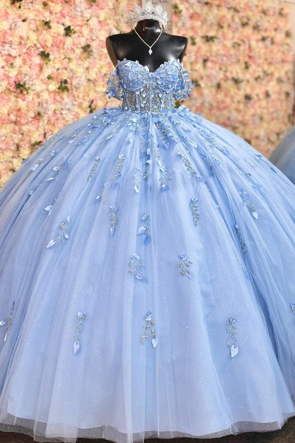 Misshow Sky Blue Ball Gown Off-Shoulder Sleeveless Quinceanera Dress with 3D Flower Appliques Beaded Sequins & Lace-Up Back for Sweet 16 & Birthday Parties