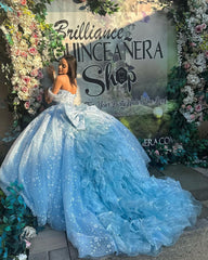 Misshow Sky Blue Ball Gown Off-Shoulder Sweetheart Corset with Floral Lace Appliques & Tulle Skirt for Quinceanera Sweet 16 or Princess Party
