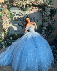 Misshow Sky Blue Ball Gown Off-Shoulder Sweetheart Corset with Floral Lace Appliques & Tulle Skirt for Quinceanera Sweet 16 or Princess Party