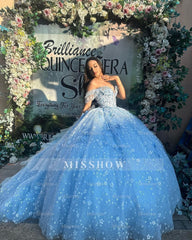 Misshow Sky Blue Ball Gown Off-Shoulder Sweetheart Corset with Floral Lace Appliques & Tulle Skirt for Quinceanera Sweet 16 or Princess Party