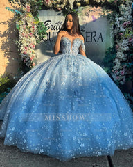 Misshow Sky Blue Ball Gown Off-Shoulder Sweetheart Corset with Floral Lace Appliques & Tulle Skirt for Quinceanera Sweet 16 or Princess Party