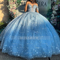 Misshow Sky Blue Ball Gown Off-Shoulder Sweetheart Corset with Floral Lace Appliques & Tulle Skirt for Quinceanera Sweet 16 or Princess Party