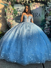 Misshow Sky Blue Ball Gown Off-Shoulder Sweetheart Corset with Floral Lace Appliques & Tulle Skirt for Quinceanera Sweet 16 or Princess Party