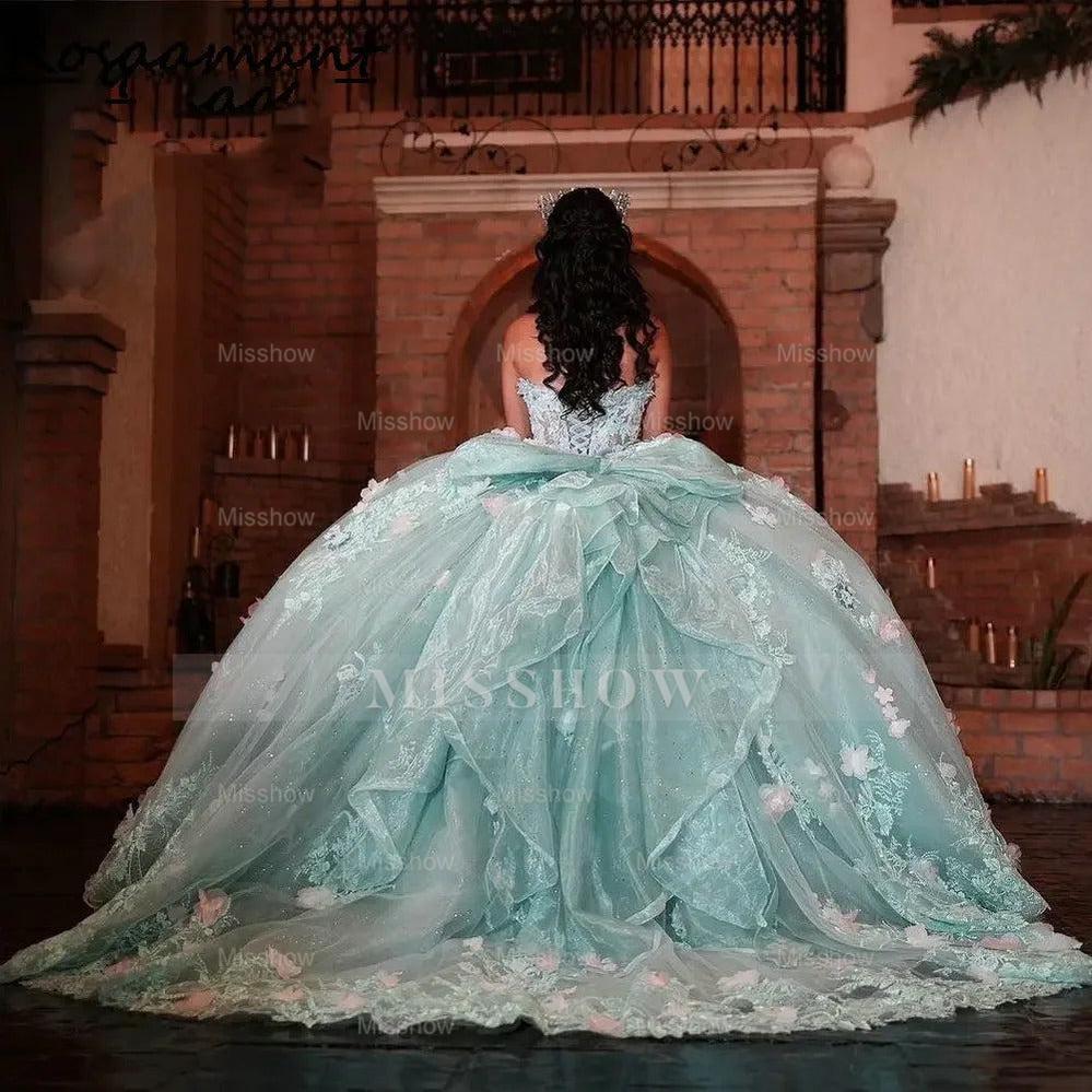 Misshow Sky Blue Ball Gown Strapless 3D Flower Lace Quinceanera & Sweet 16 Dress