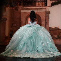 Misshow Sky Blue Ball Gown Strapless 3D Flower Lace Quinceanera & Sweet 16 Dress
