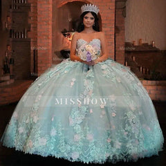 Misshow Sky Blue Ball Gown Strapless 3D Flower Lace Quinceanera & Sweet 16 Dress