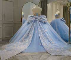 Misshow Sky Blue Ball Gown Sweetheart Neckline with 3D Butterfly Lace & Beaded Tulle for Quinceanera Sweet 16 or Princess Birthday Party