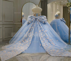 Misshow Sky Blue Ball Gown Sweetheart Neckline with 3D Butterfly Lace & Beaded Tulle for Quinceanera Sweet 16 or Princess Birthday Party