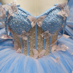 Misshow Sky Blue Ball Gown Sweetheart Neckline with 3D Butterfly Lace & Beaded Tulle for Quinceanera Sweet 16 or Princess Birthday Party