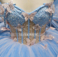 Misshow Sky Blue Ball Gown Sweetheart Neckline with 3D Butterfly Lace & Beaded Tulle for Quinceanera Sweet 16 or Princess Birthday Party