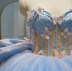 Misshow Sky Blue Ball Gown Sweetheart Neckline with 3D Butterfly Lace & Beaded Tulle for Quinceanera Sweet 16 or Princess Birthday Party