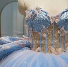 Misshow Sky Blue Ball Gown Sweetheart Neckline with 3D Butterfly Lace & Beaded Tulle for Quinceanera Sweet 16 or Princess Birthday Party