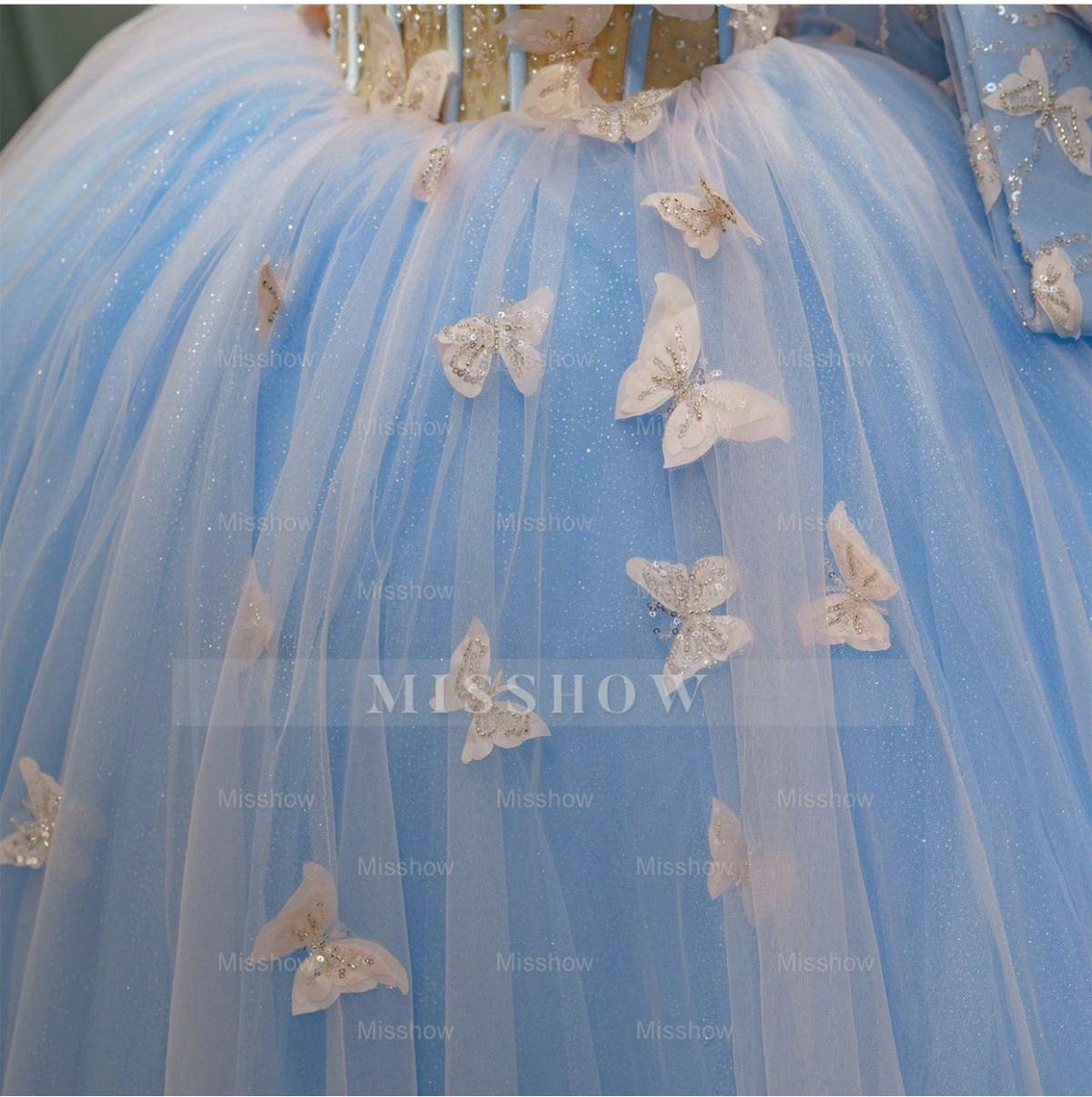 Misshow Sky Blue Ball Gown Sweetheart Neckline with 3D Butterfly Lace & Beaded Tulle for Quinceanera Sweet 16 or Princess Birthday Party