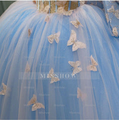 Misshow Sky Blue Ball Gown Sweetheart Neckline with 3D Butterfly Lace & Beaded Tulle for Quinceanera Sweet 16 or Princess Birthday Party