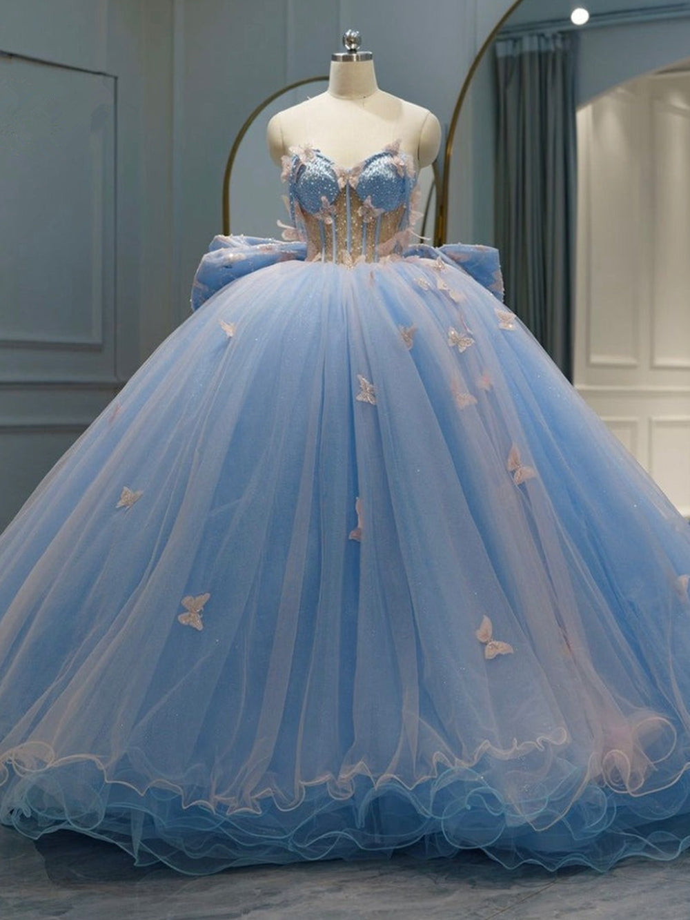 Misshow Sky Blue Ball Gown Sweetheart Neckline with 3D Butterfly Lace & Beaded Tulle for Quinceanera Sweet 16 or Princess Birthday Party