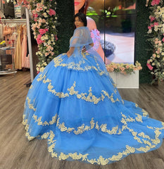 Misshow Sky Blue Ball Gown V-Neck Beaded Sequins Floral Appliques & Tiered Tulle Quinceanera Dress for Sweet 16 Cocktail & Evening Parties