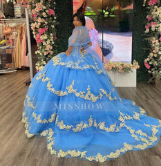 Misshow Sky Blue Ball Gown V-Neck Beaded Sequins Floral Appliques & Tiered Tulle Quinceanera Dress for Sweet 16 Cocktail & Evening Parties