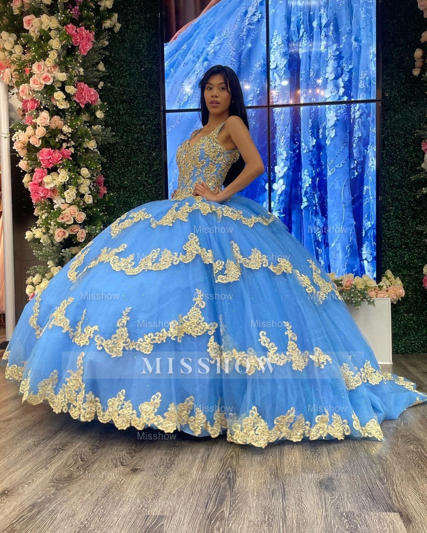 Misshow Sky Blue Ball Gown V-Neck Beaded Sequins Floral Appliques & Tiered Tulle Quinceanera Dress for Sweet 16 Cocktail & Evening Parties