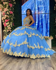 Misshow Sky Blue Ball Gown V-Neck Beaded Sequins Floral Appliques & Tiered Tulle Quinceanera Dress for Sweet 16 Cocktail & Evening Parties