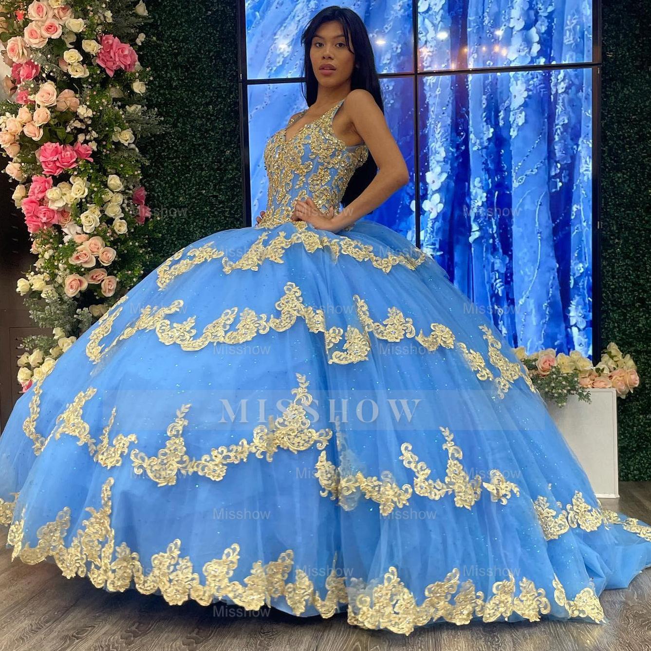 Misshow Sky Blue Ball Gown V-Neck Beaded Sequins Floral Appliques & Tiered Tulle Quinceanera Dress for Sweet 16 Cocktail & Evening Parties