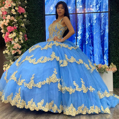 Misshow Sky Blue Ball Gown V-Neck Beaded Sequins Floral Appliques & Tiered Tulle Quinceanera Dress for Sweet 16 Cocktail & Evening Parties