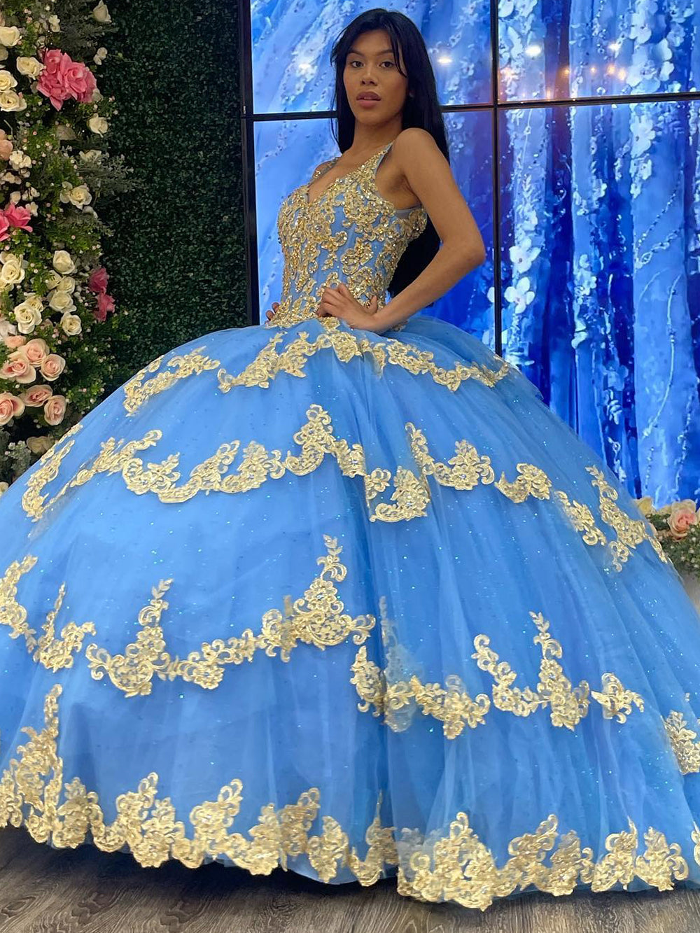 Misshow Sky Blue Ball Gown V-Neck Beaded Sequins Floral Appliques & Tiered Tulle Quinceanera Dress for Sweet 16 Cocktail & Evening Parties