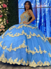Misshow Sky Blue Ball Gown V-Neck Beaded Sequins Floral Appliques & Tiered Tulle Quinceanera Dress for Sweet 16 Cocktail & Evening Parties