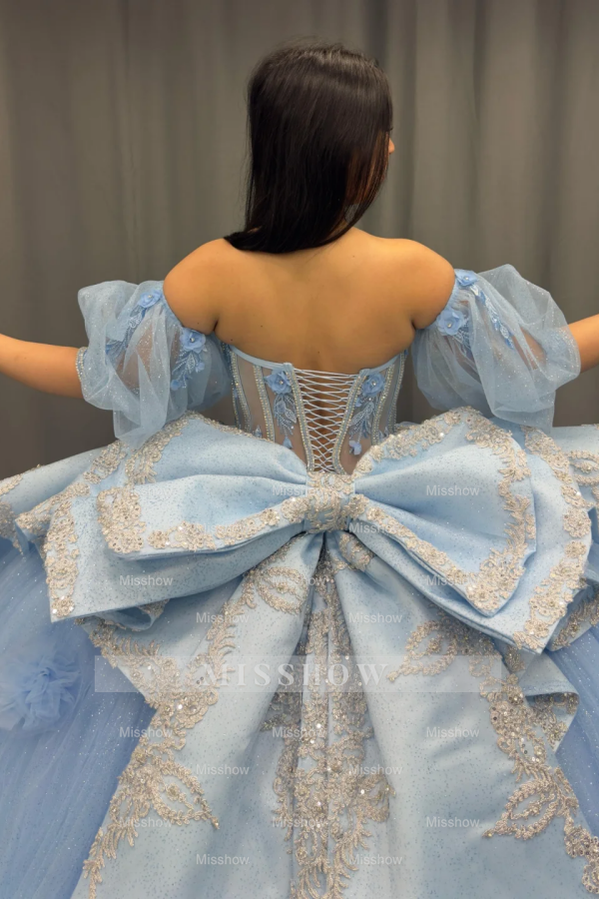 Misshow Sky Blue Ball Gown with Sweetheart Neckline Detachable Lantern Sleeves & 3D Floral Appliques Perfect for Quinceanera & Sweet 16 Celebrations