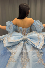 Misshow Sky Blue Ball Gown with Sweetheart Neckline Detachable Lantern Sleeves & 3D Floral Appliques Perfect for Quinceanera & Sweet 16 Celebrations