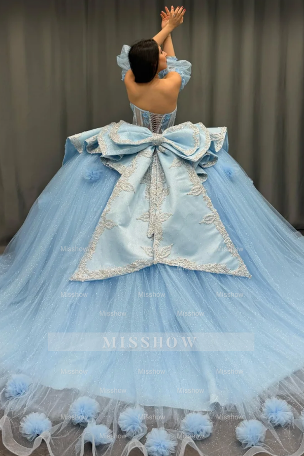 Misshow Sky Blue Ball Gown with Sweetheart Neckline Detachable Lantern Sleeves & 3D Floral Appliques Perfect for Quinceanera & Sweet 16 Celebrations