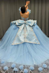 Misshow Sky Blue Ball Gown with Sweetheart Neckline Detachable Lantern Sleeves & 3D Floral Appliques Perfect for Quinceanera & Sweet 16 Celebrations