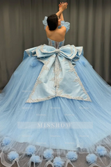 Misshow Sky Blue Ball Gown with Sweetheart Neckline Detachable Lantern Sleeves & 3D Floral Appliques Perfect for Quinceanera & Sweet 16 Celebrations