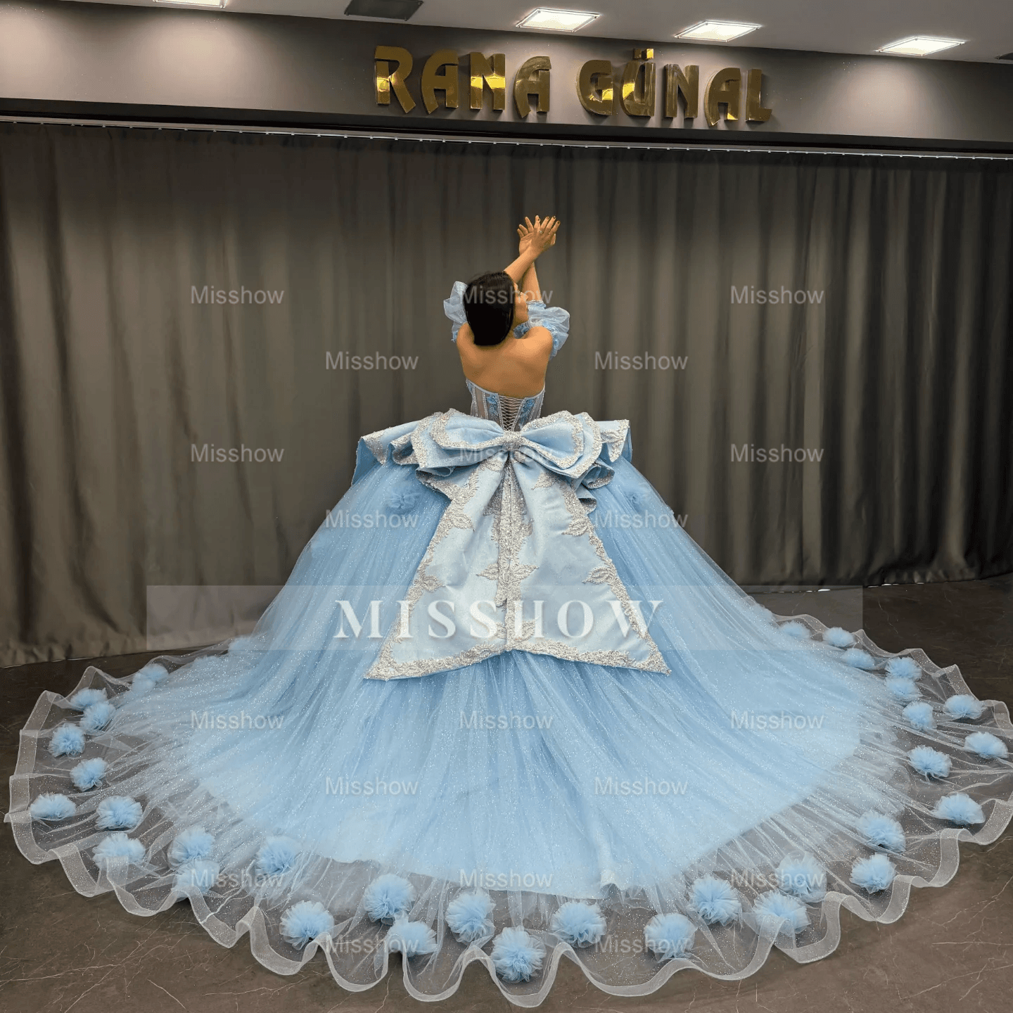 Misshow Sky Blue Ball Gown with Sweetheart Neckline Detachable Lantern Sleeves & 3D Floral Appliques Perfect for Quinceanera & Sweet 16 Celebrations