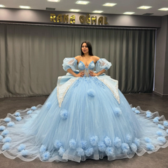 Misshow Sky Blue Ball Gown with Sweetheart Neckline Detachable Lantern Sleeves & 3D Floral Appliques Perfect for Quinceanera & Sweet 16 Celebrations