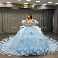 Misshow Sky Blue Ball Gown with Sweetheart Neckline Detachable Lantern Sleeves & 3D Floral Appliques Perfect for Quinceanera & Sweet 16 Celebrations