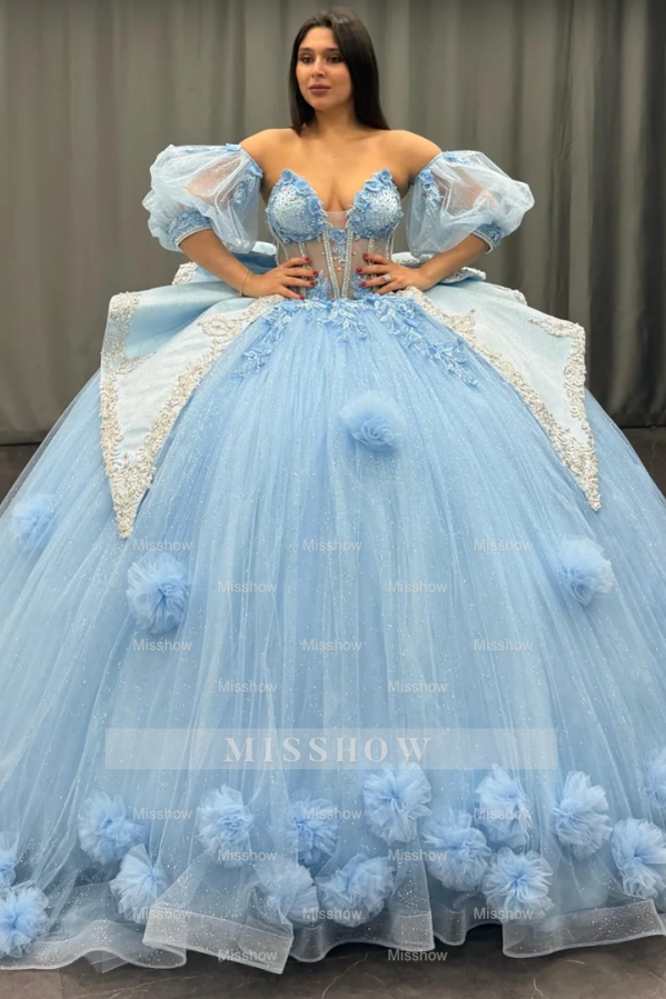 Misshow Sky Blue Ball Gown with Sweetheart Neckline Detachable Lantern Sleeves & 3D Floral Appliques Perfect for Quinceanera & Sweet 16 Celebrations