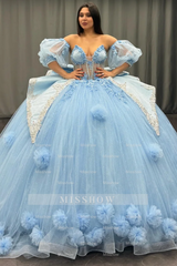 Misshow Sky Blue Ball Gown with Sweetheart Neckline Detachable Lantern Sleeves & 3D Floral Appliques Perfect for Quinceanera & Sweet 16 Celebrations