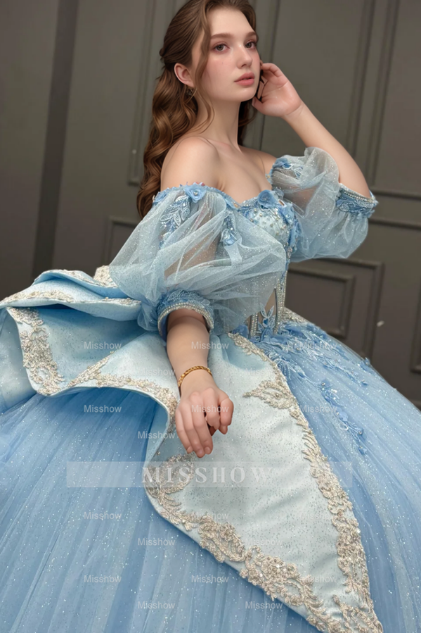 Misshow Sky Blue Ball Gown with Sweetheart Neckline Detachable Lantern Sleeves & 3D Floral Appliques Perfect for Quinceanera & Sweet 16 Celebrations
